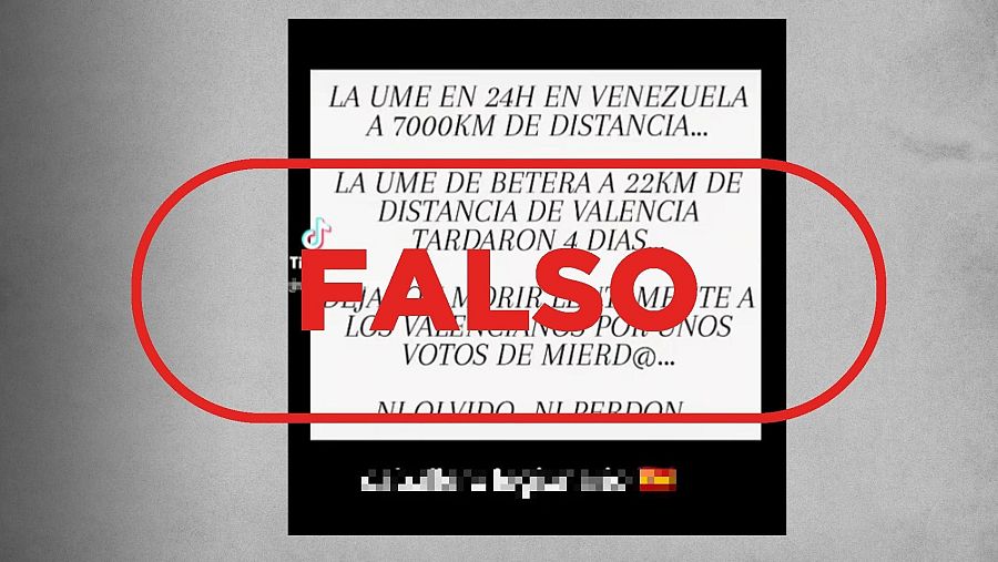 Mensaje que difunde la falsa idea de que la UME tardó cuatro días en llegar a Valencia en la dana