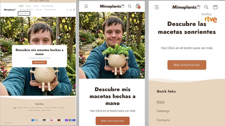 La tienda online en versión móvil y de ordenador y, a la derecha, su nueva portada sin la foto creada con IA