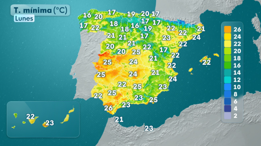 Temperaturas mínimas previstas para el lunes