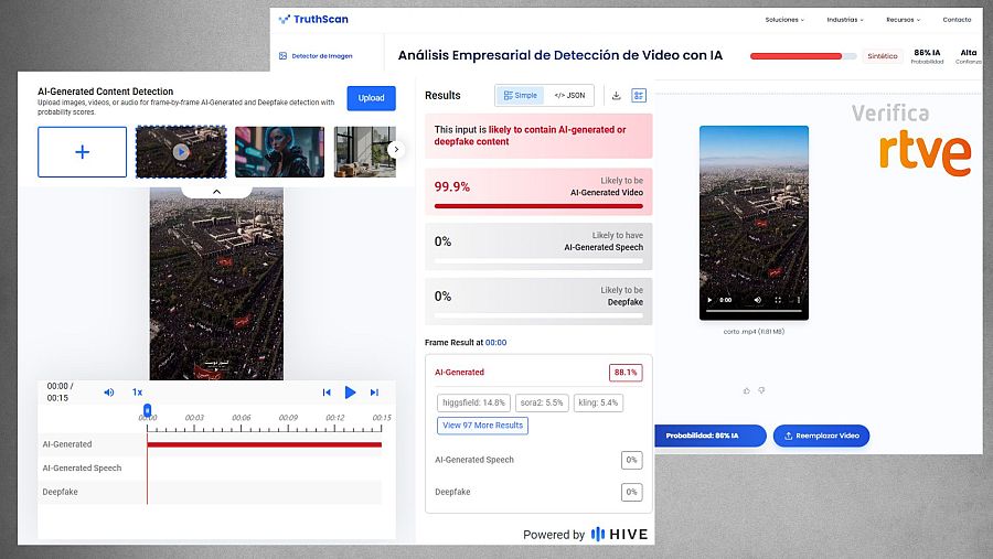 Análisis de Hive y TruthScan que muestra que el vídeo está generado con IA