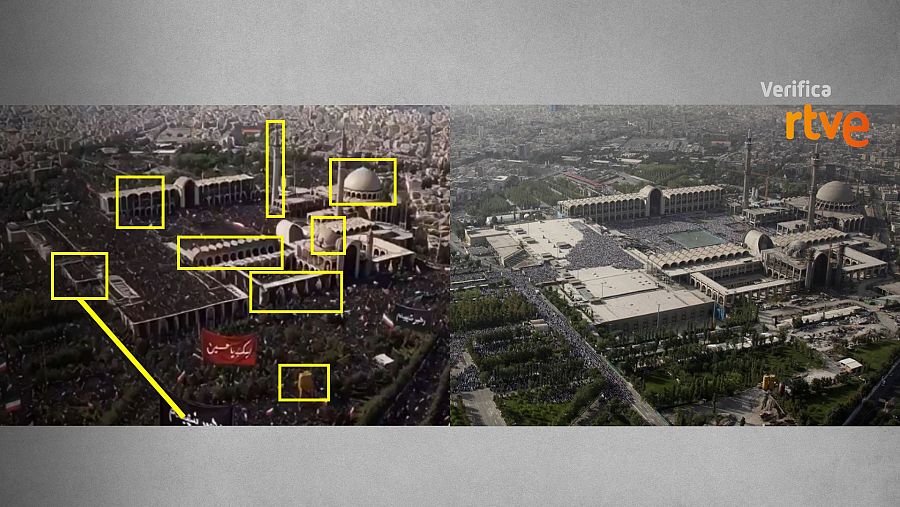 A la izquierda, una imagen del vídeo creado con IA; a la derecha, una foto real y reciente de Google Maps del edificio original