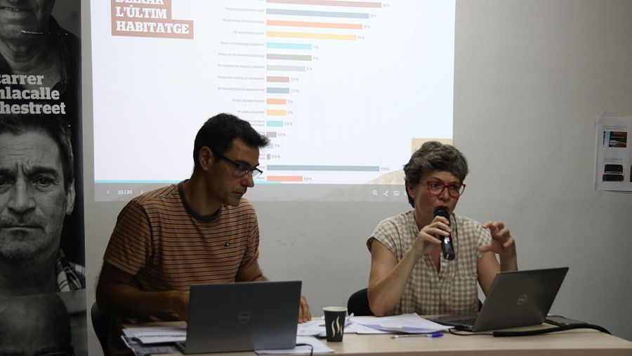La directora de la Fundació Arrels Beatriz Fernández i el cap d'incidència, recerca i avaluació d'Arrels Guillem Fernández en la presentació de l'informe 'Viure al carrer a Barcelona' 2025 a la seu de l'entitat