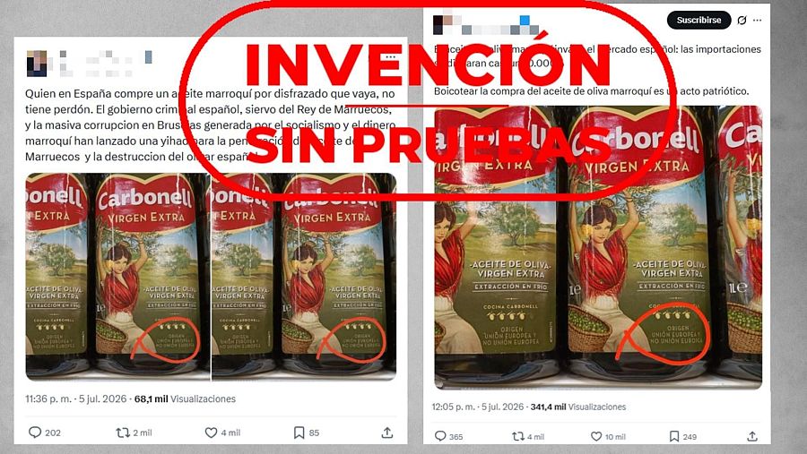 Mensajes que difunden sin pruebas que las botellas de la foto contienen aceite marroquí