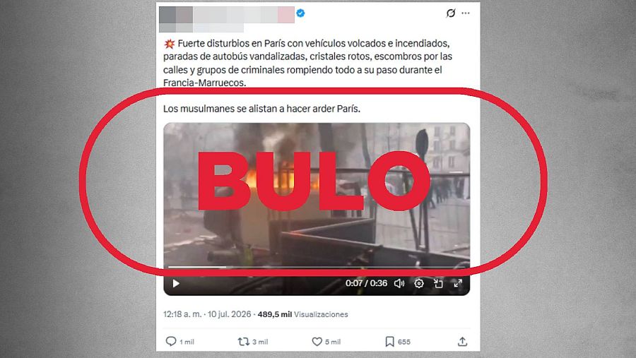 Mensaje que difunde como actual un vídeo de manifestaciones en París de 2022 / VerificaRTVE