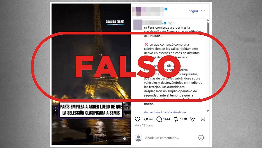 Mensaje que difunde como actual un vídeo de la Torre Eiffel de mayo de 2026 / VerificaRTVE