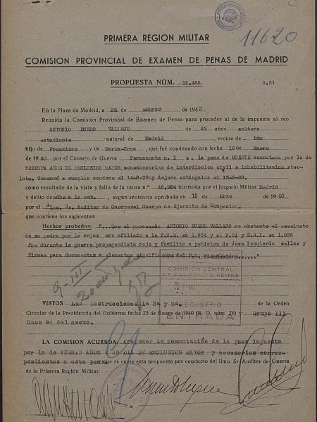Documento de conmutación de pena de muerte de Antonio Buero Vallejo
