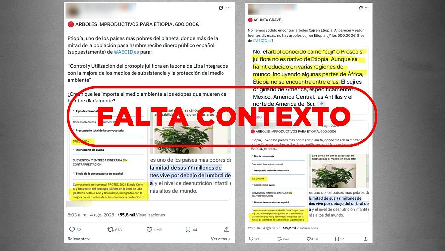 Mensajes de X que desinforman sobre una subvención de la AECID a Etiopía