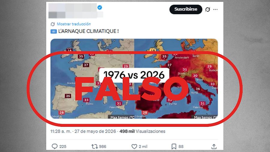 Mensaje que difunde un mapa manipulado como si mostrase las temperaturas de 1976 y 2026