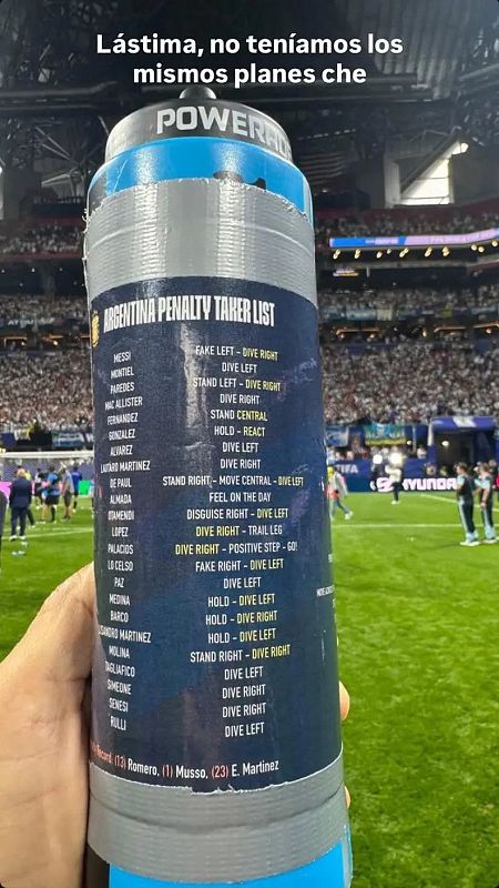Imagen de la botella de Pickford con los apuntes sobre los lanzadores de penaltis de Argentina, que difundió el masajista Marcelo D'Andrea.