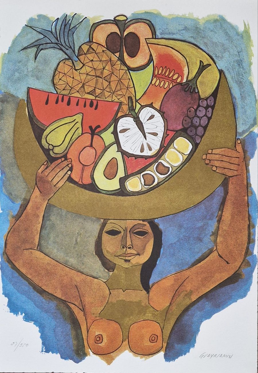 Mujer con cesto de frutas, Oswaldo Guayasamín