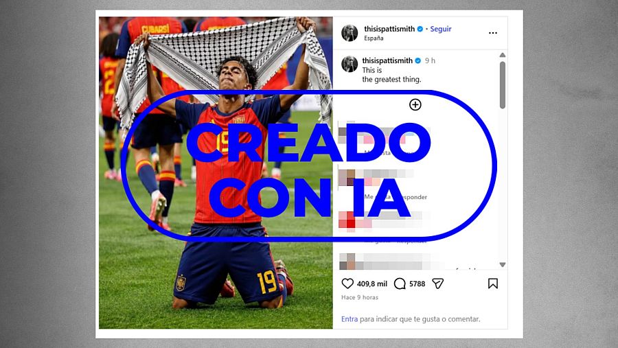 Mensaje en Instagram de Patty Smith que comparte una foto generada con IA de Lamine Yamal con una kufiya
