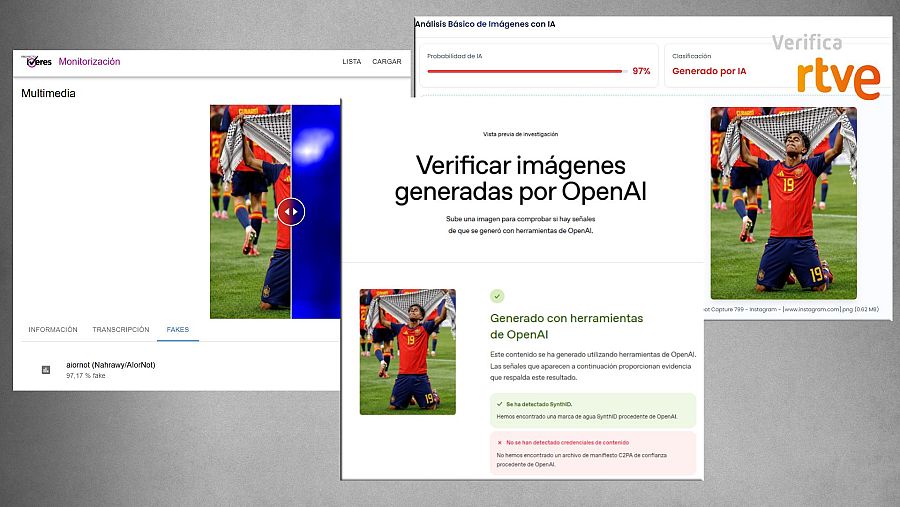Resultado de las herramientas de verificación IVERES, OpenAI y TruthScan que muestran que la imagen de Lamine Yamal con la kufiya es IA