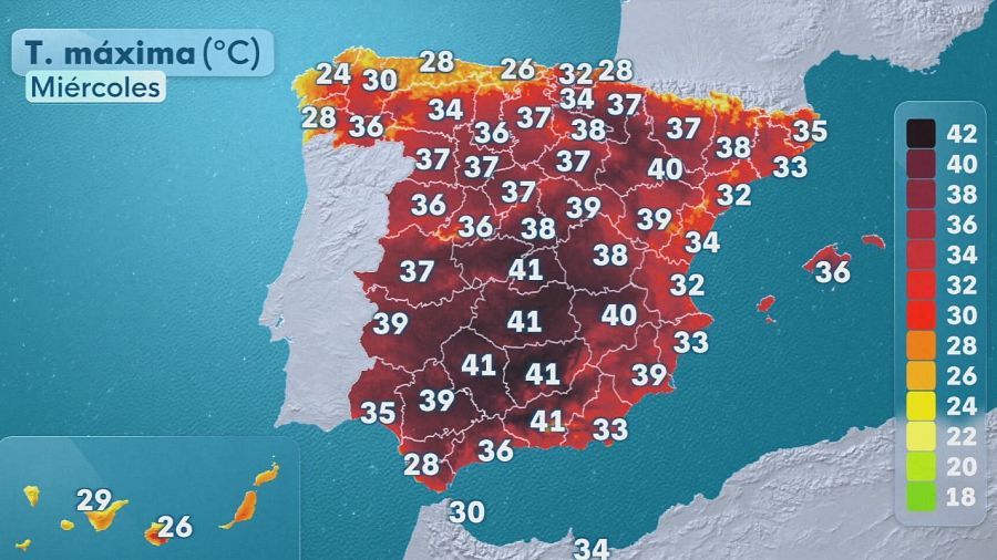 Temperaturas máximas este miércoles 22 de julio en España