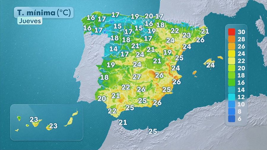 Mapa de temperaturas mínimas de este jueves
