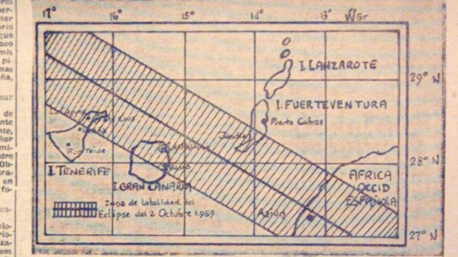 Recorte del periódico canario El Día con la franja de totalidad del eclipse de 1959 en Canarias