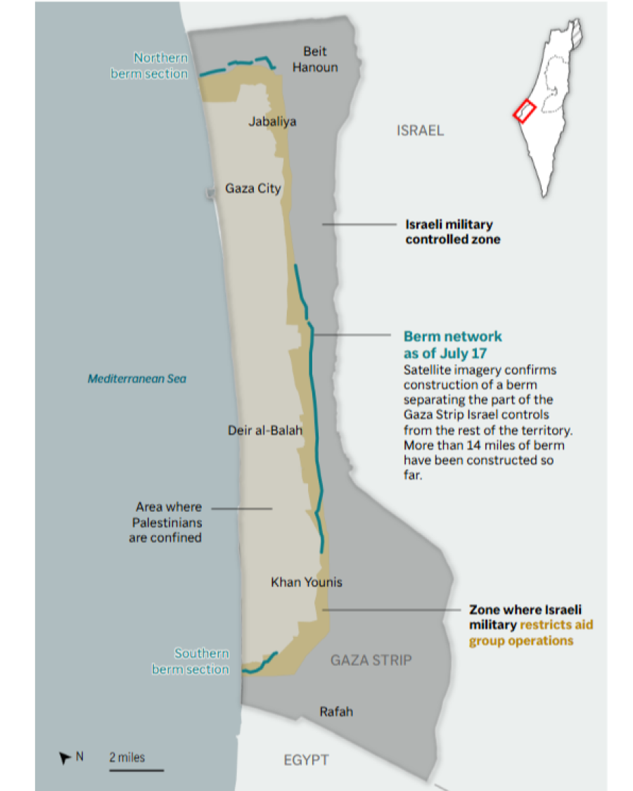 Mapa con la demarcación en verde de la nueva barrera de arena que está construyendo Israel para dividir totalmente Gaza, según denuncian ONG