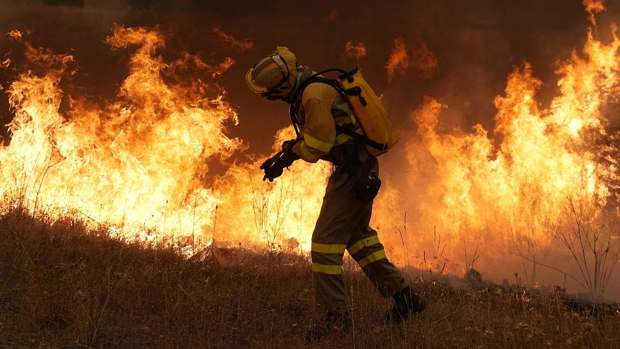 Un bombero lucha contra el incendio forestal de Ávila