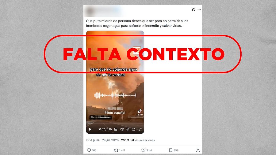 Mensaje de X que difunde de forma descontextualizada el audio de un bombero español en unos incendios en Chile