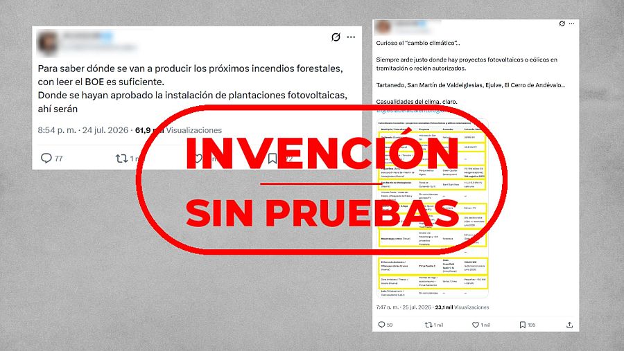 Mensaje de X que difunde la invención sin pruebas que relaciona los incendios con la instalación de plantas fotovoltaicas o eólicas