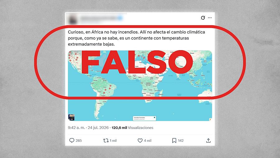 Mensaje que difunde el bulo de que en África no hay incendios para negar el cambio climático