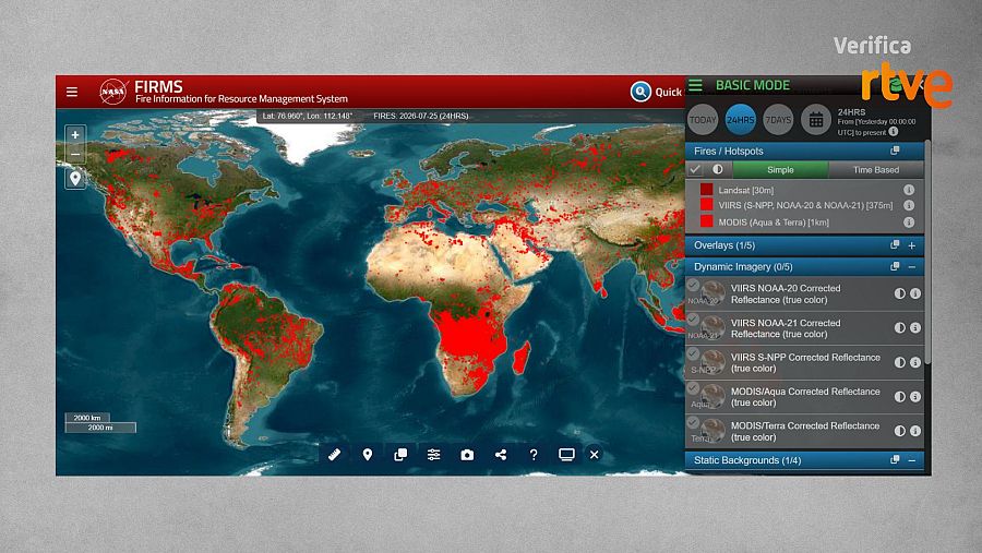 Mapa de incendios en el mundo en las últimas 24 horas ofrecido por la herramienta FIRMS de la NASA 