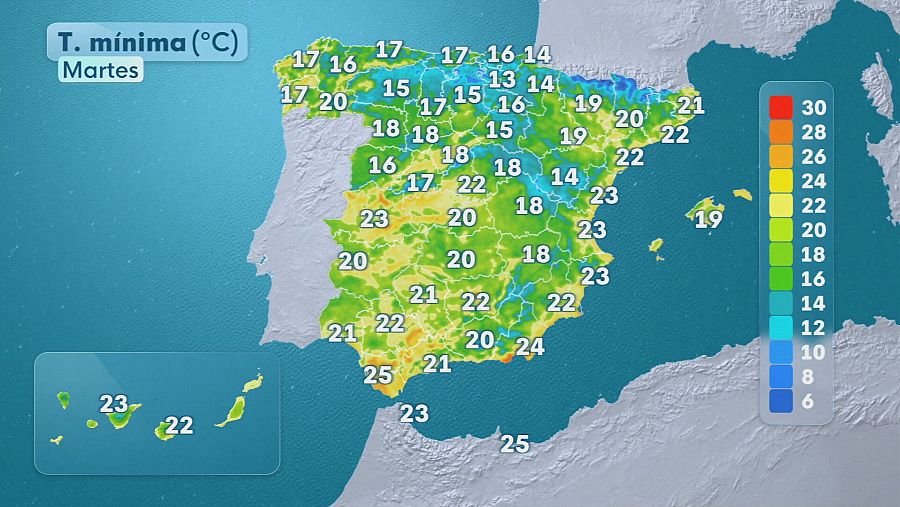 Mapa de temperaturas mínimas del martes