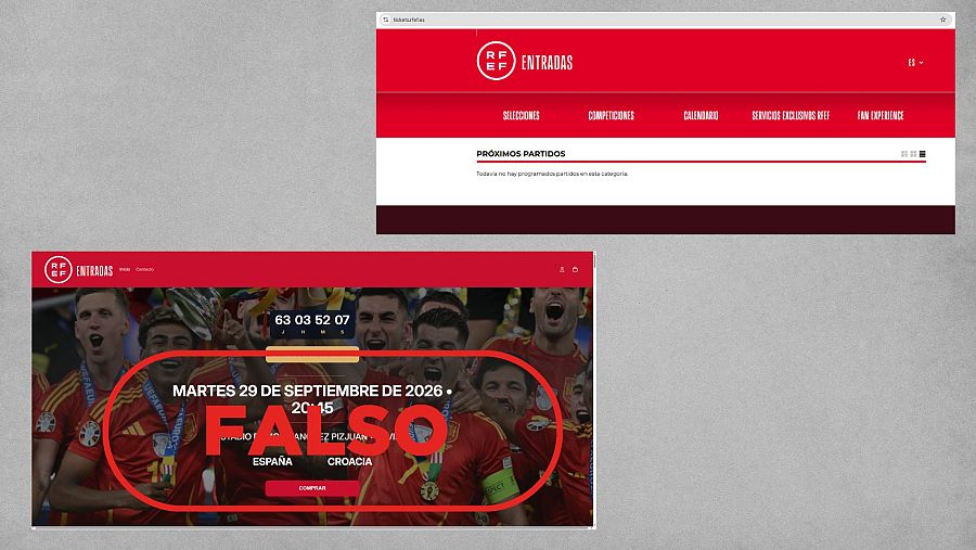 A la izquierda, la web fraudulenta que suplanta a la RFEF, a la derecha, el portal oficial de la RFEF