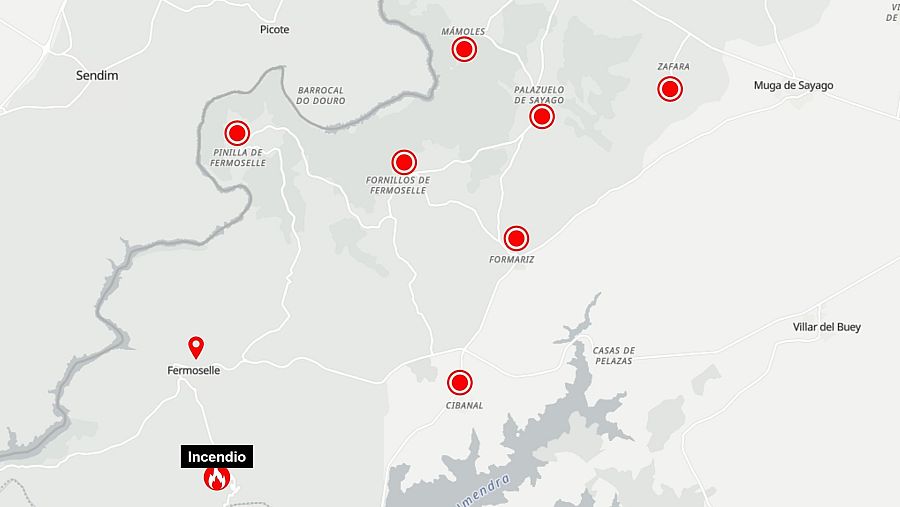 Mapa de los siete pueblos evacuados por el incendio en Fermoselle, Zamora