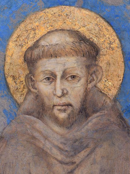 Fresco de San Francisco con halo y estigmas atribuido a Cimabue, en la Basílica de San Francisco, Asís, Italia.