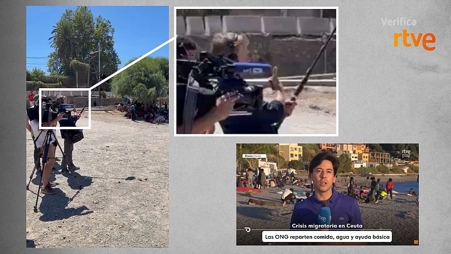 Comparativa del micrófono que aparece en el vídeo de redes (de VRT News) y el del reportero de TVE que informa desde el mismo lugar, la playa del Trampolín, en Ceuta