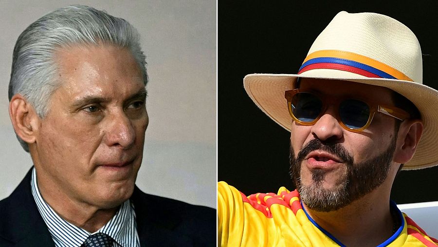 Retratos de Miguel Díaz-Canel, presidente de Cuba, y Abelardo de la Espriella, figura pública colombiana, con detalles de vestimenta y accesorios.