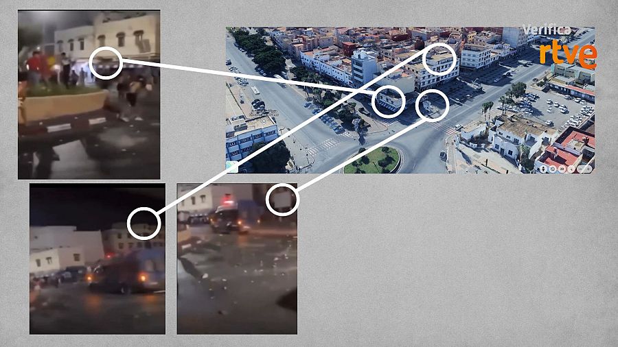 A la izquierda, fotogramas de los disturbios  del vídeo de redes; a la derecha, imagen de Google Earth de la ubicación