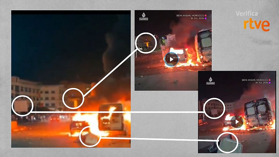 A la izquierda, fotograma del vídeo de redes; a la derecha, fotogramas de la grabación de Al Jazeera.