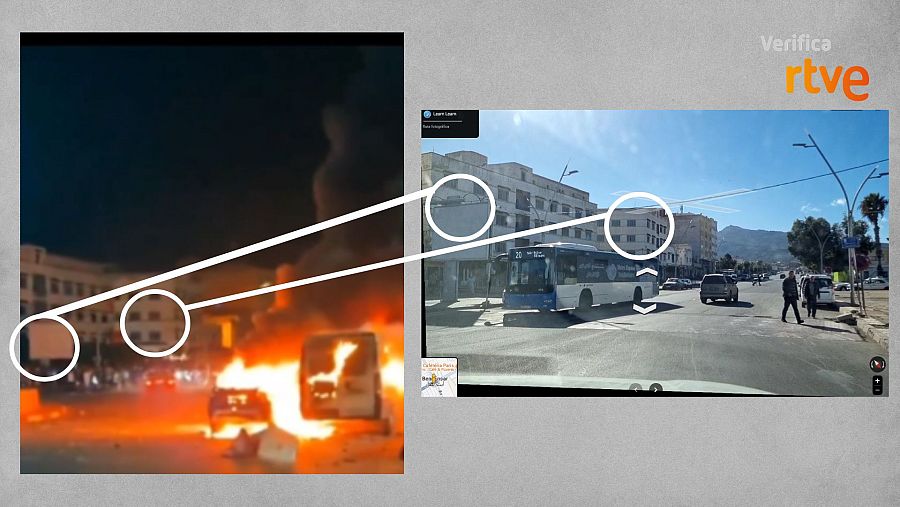 A la izquierda, fotograma del vídeo de redes; a la derecha, imagen de Google Maps.