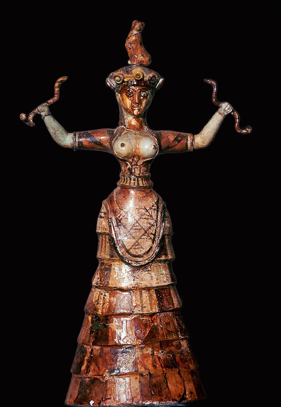 Diosa de las serpientes minoica, o sacerdotisa, procedente de Cnosos (Creta) y datada en el siglo XVIII a. C.