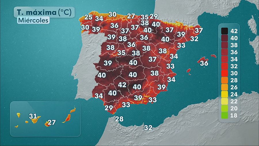 Mapa de temperaturas máximas de este miércoles