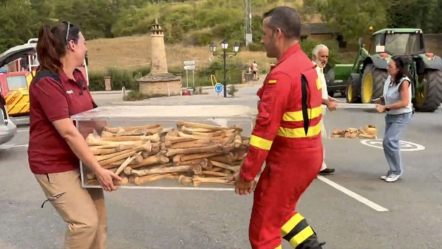 Un militar de la UME trasladando los huesos junto con un personal de los cuerpos de Agentes de Protección de la Naturaleza (APN)