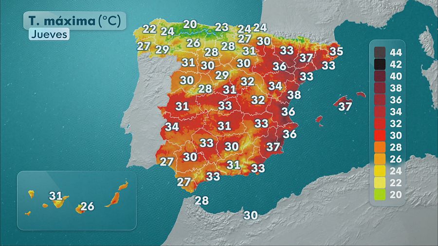 Mapa de temperaturas máximas del jueves
