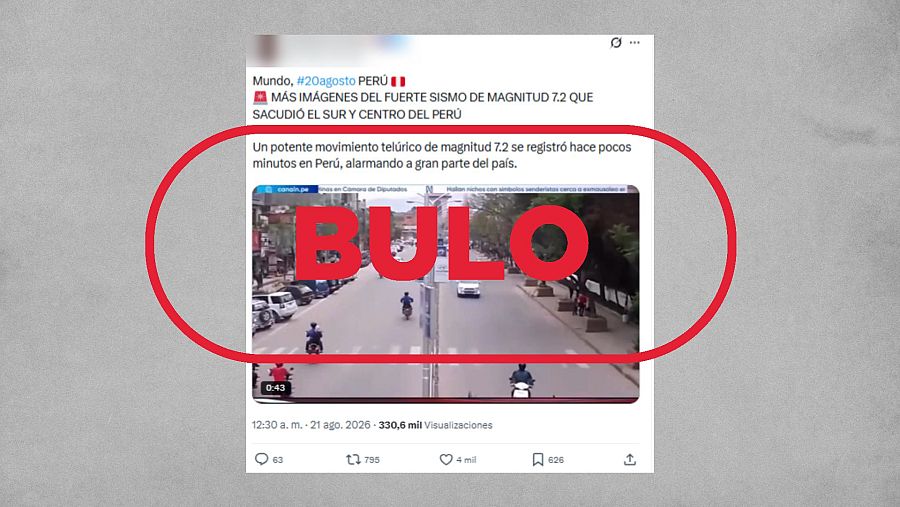 Mensaje que difunde un montaje con un vídeo falso del terremoto en Perú en el que suplantan a un canal de televisión peruano
