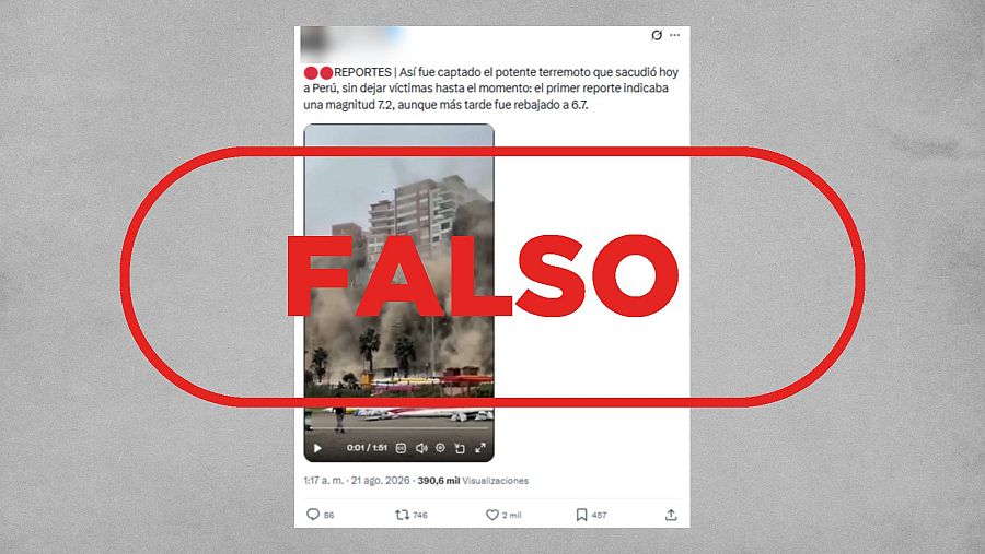 Mensaje que difunde un vídeo como si fuera del reciente terremoto en Perú que contiene imágenes falsas