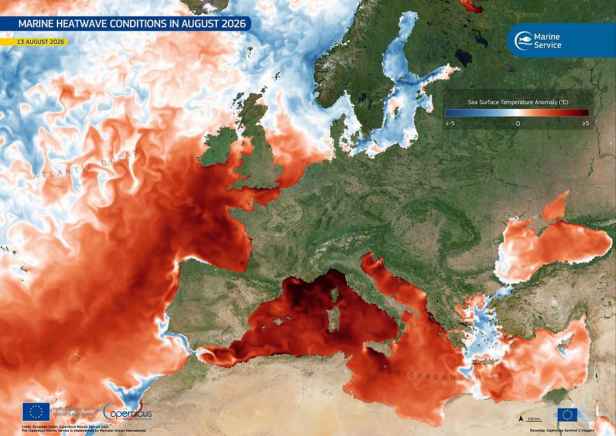 Ola de calor marina en Europa, con valores hasta 6 grados por encima de lo habitual, el 13 de agosto