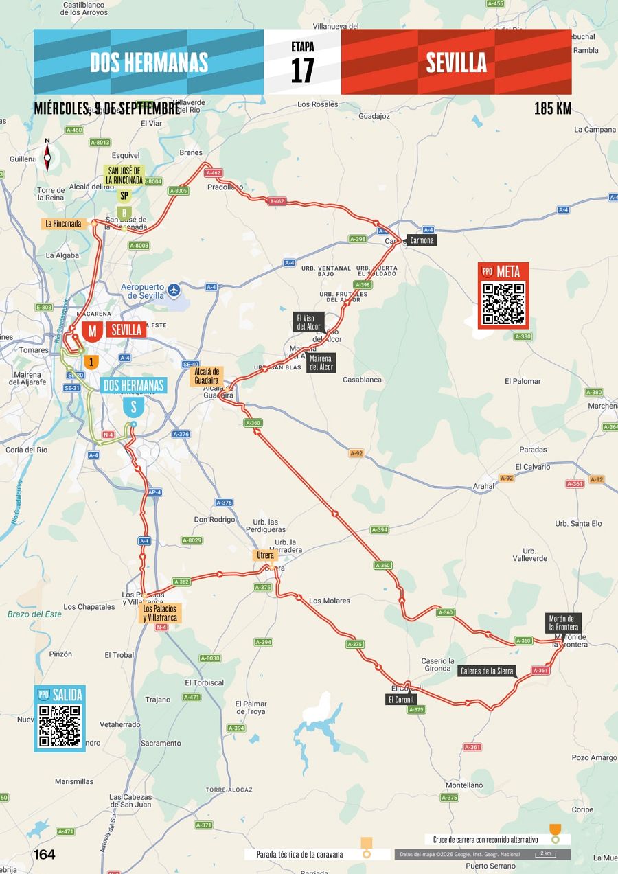 Mapa de la Etapa 17 de la Vuelta Ciclista a España 2026: 185 km, salida en Dos Hermanas y meta en Sevilla el 9 de septiembre. Recorrido por la provincia de Sevilla.