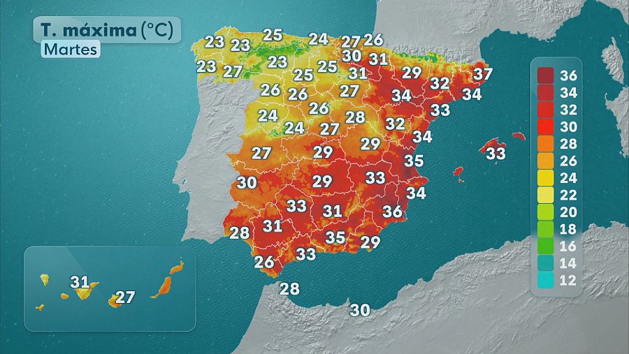 Mapa de temperaturas máximas del martes 25 de agosto