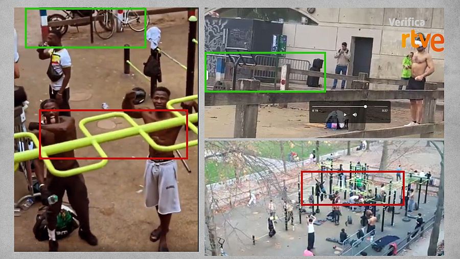 Imagen del vídeo de redes (izquierda) y elementos coincidentes con el parque de entrenamiento callejero de Bercy, en París (derecha)