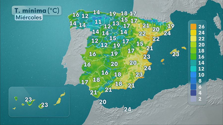 Mapa de temperaturas mínimas de este miércoles
