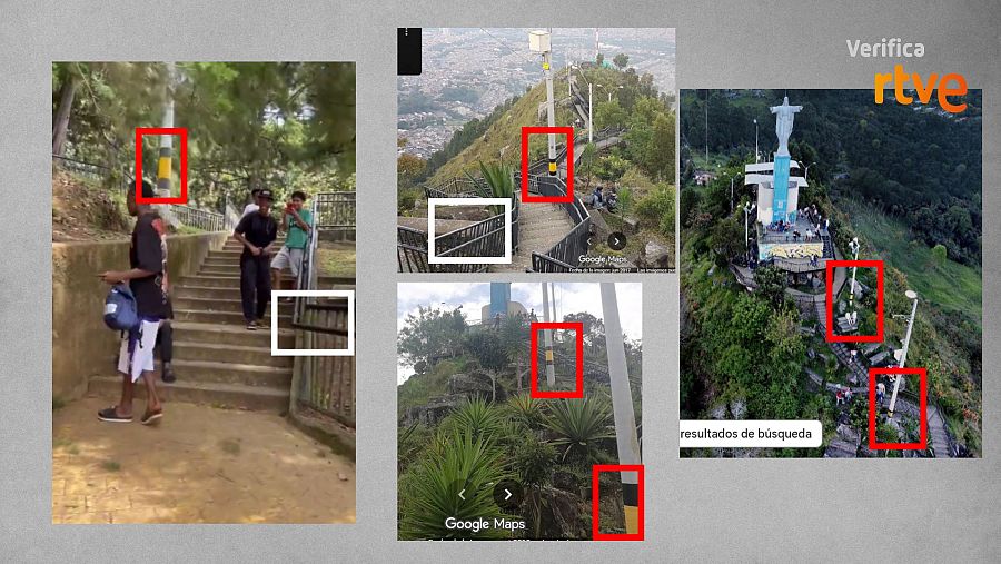 Similitudes entre el vídeo de redes (a la izquierda) y las imágenes del Cerro El Picacho de Medellin, en Colombia, que ofrecen Google Maps y Google Earth