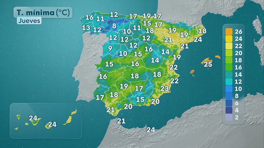 Mapa de temperaturas mínimas del 27 de agosto