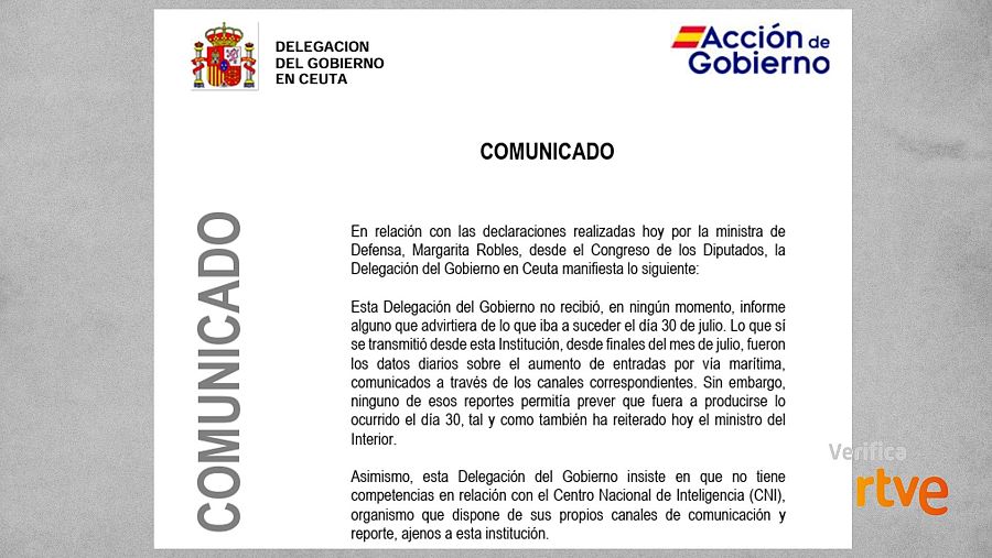 Mensaje de la Delegación del Gobierno en Ceuta en respuesta a Margarita Robles
