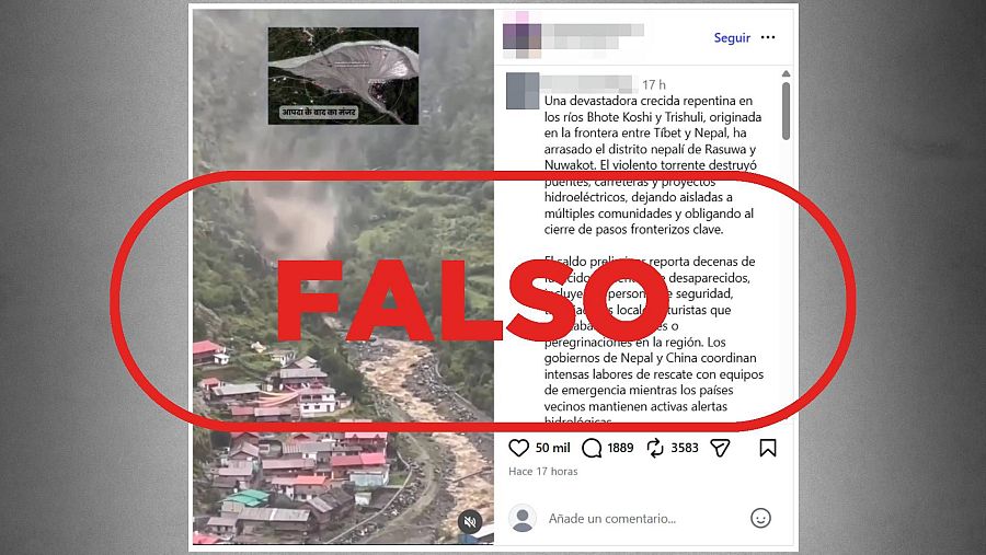 Mensaje de X que difunde un vídeo de la India de 2025 como si fuera de las inundaciones de Nepal