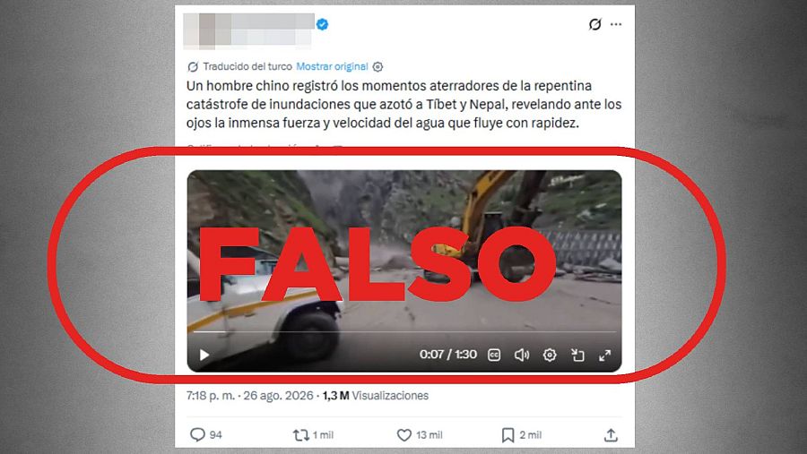 Mensaje de X que difunde un vídeo de la India de agosto 2026 como si fuera de las inundaciones de Nepal